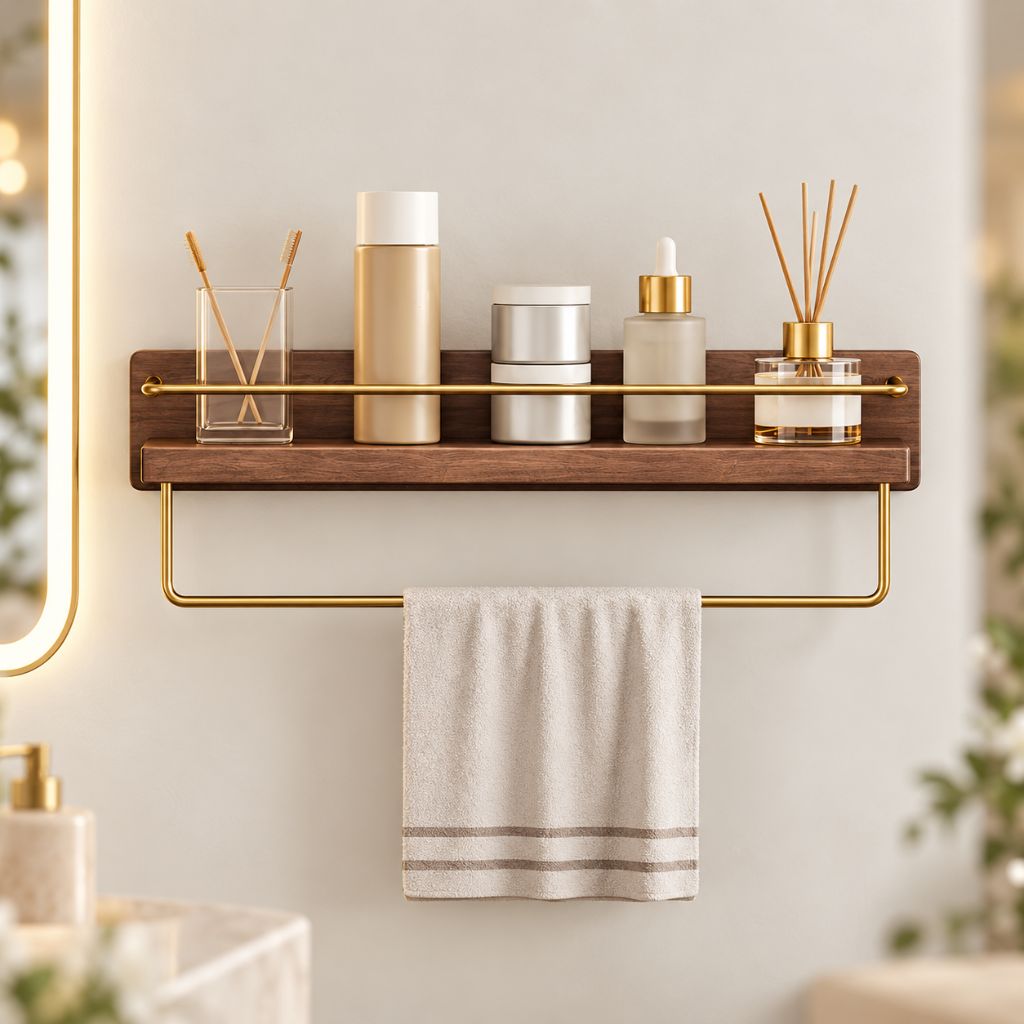 Wood and Brass Bathroom Wall Shelf with Towel Rail