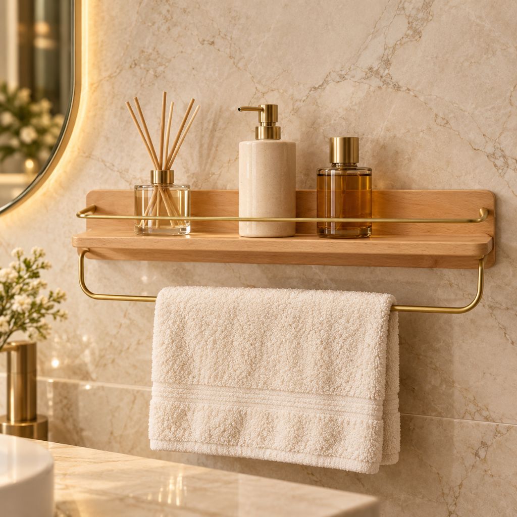 Wood and Brass Bathroom Wall Shelf with Towel Rail