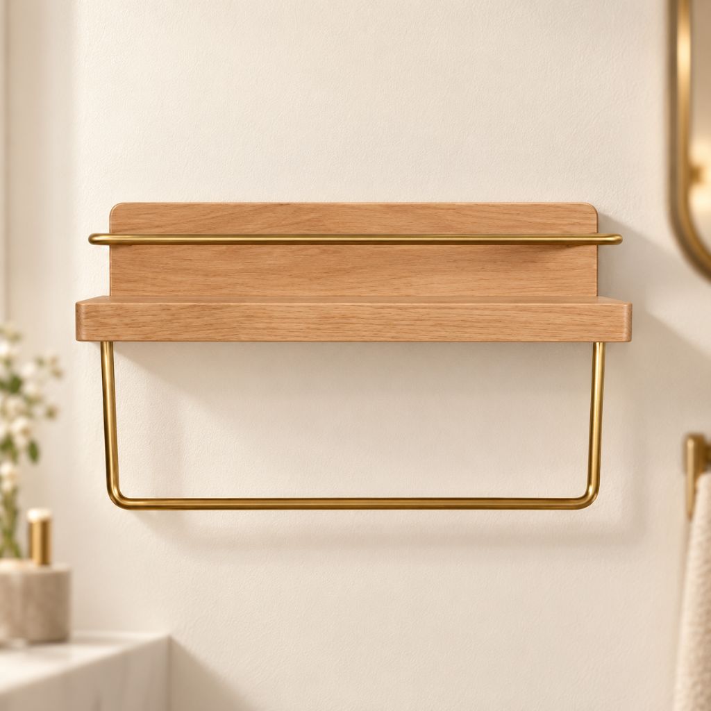 Wood and Brass Bathroom Wall Shelf with Towel Rail