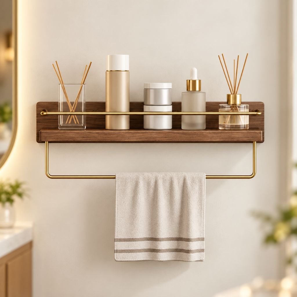 Wood and Brass Bathroom Wall Shelf with Towel Rail
