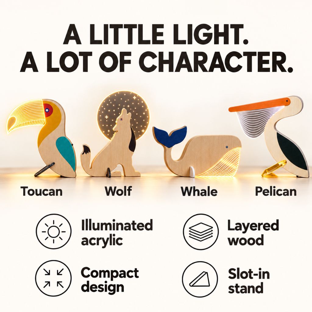 Wooden Animal Table Lamp with Illuminated Acrylic Details