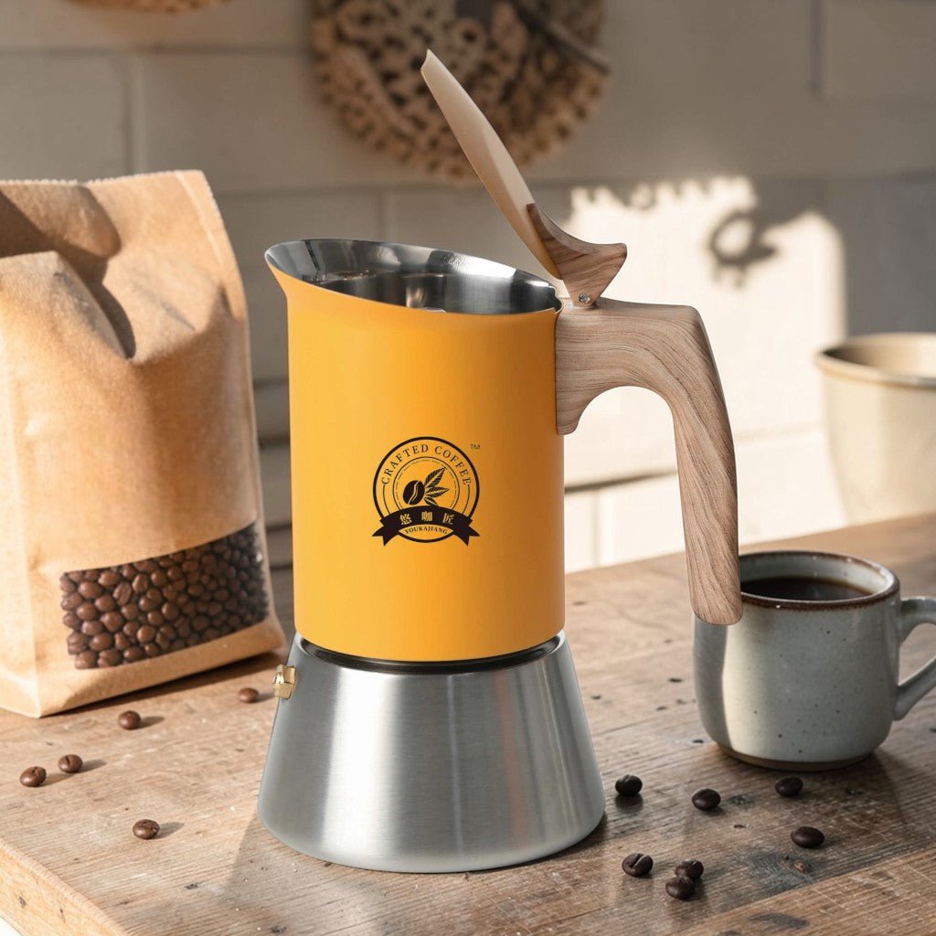 Yellow Induction Moka Pot Coffee Maker - Stainless Steel Nordic Design with Wooden Handle - Lattea Global