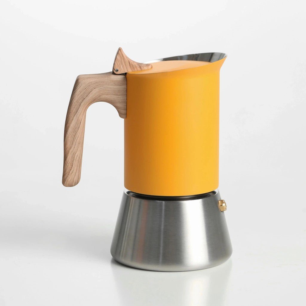 Yellow Induction Moka Pot Coffee Maker - Stainless Steel Nordic Design with Wooden Handle - Lattea Global