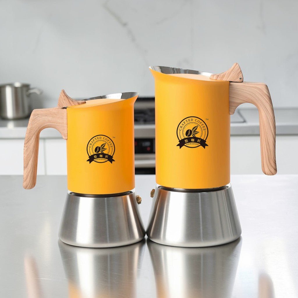 Yellow Induction Moka Pot Coffee Maker - Stainless Steel Nordic Design with Wooden Handle - Lattea Global