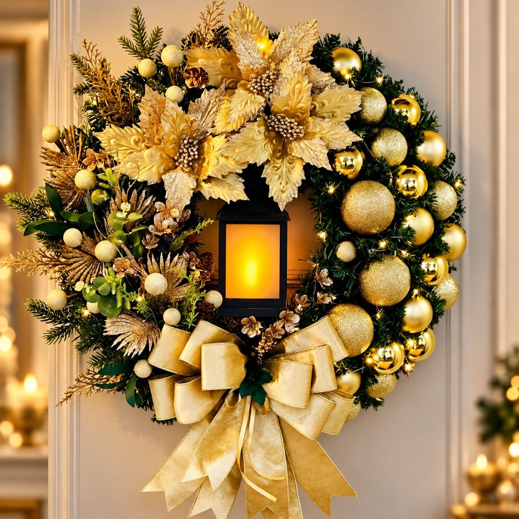 Christmas Door Wreath with Lantern, Baubles and Bow
