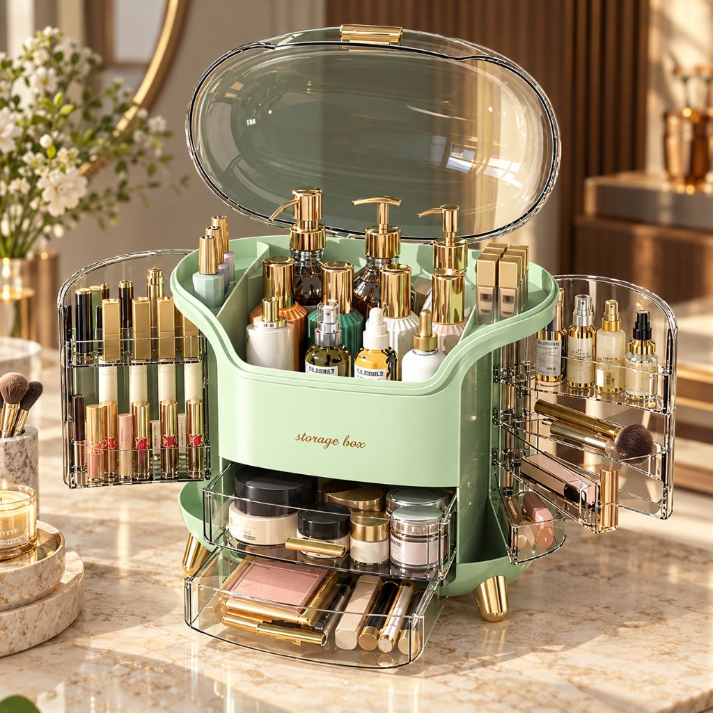 Makeup Organiser with Clear Lid and Swing-Out Side Storage