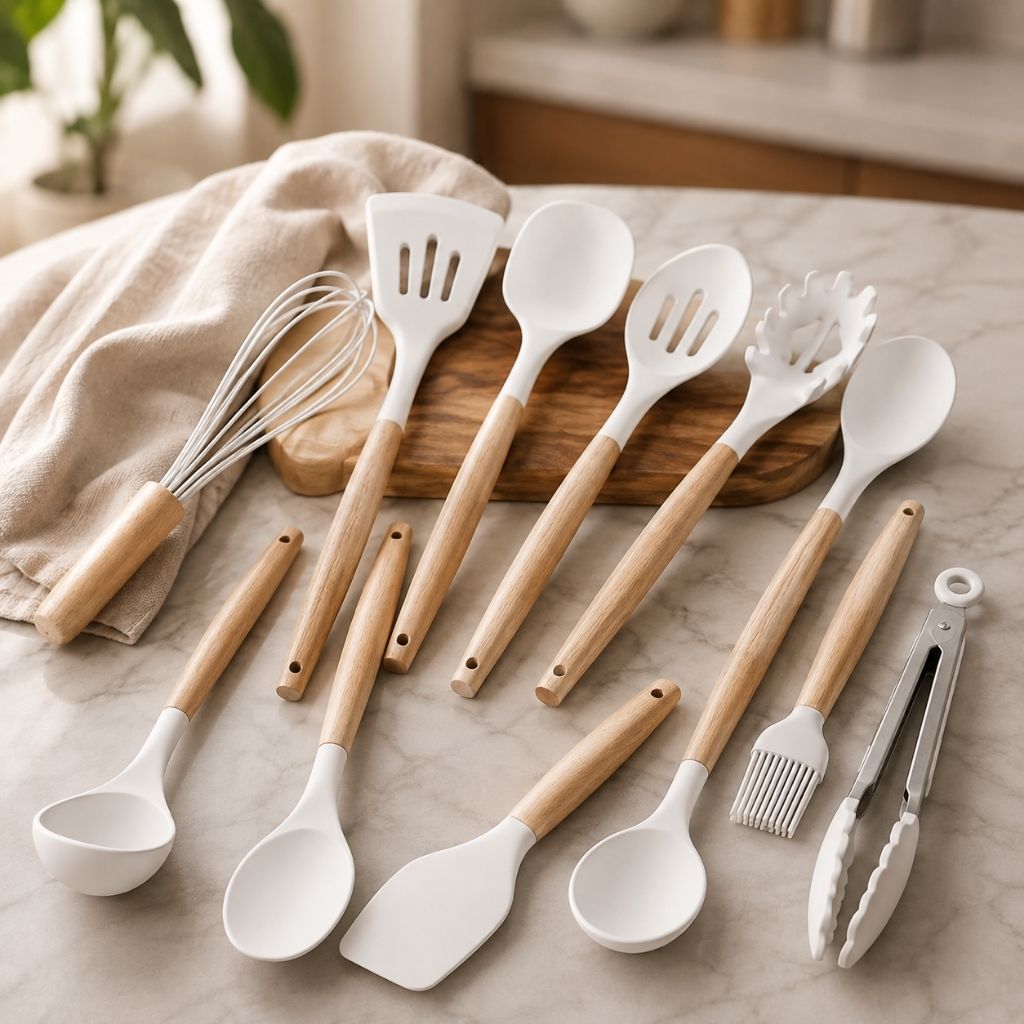 11-Piece Silicone Cooking Utensil Set with Wooden Handles