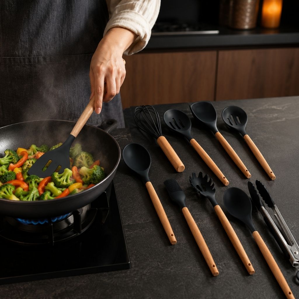 11-Piece Silicone Cooking Utensil Set with Wooden Handles