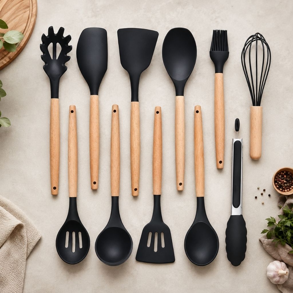 11-Piece Silicone Cooking Utensil Set with Wooden Handles