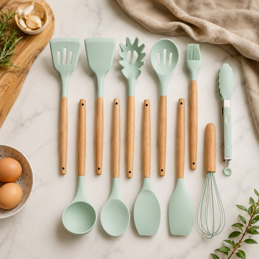 11-Piece Silicone Cooking Utensil Set with Wooden Handles