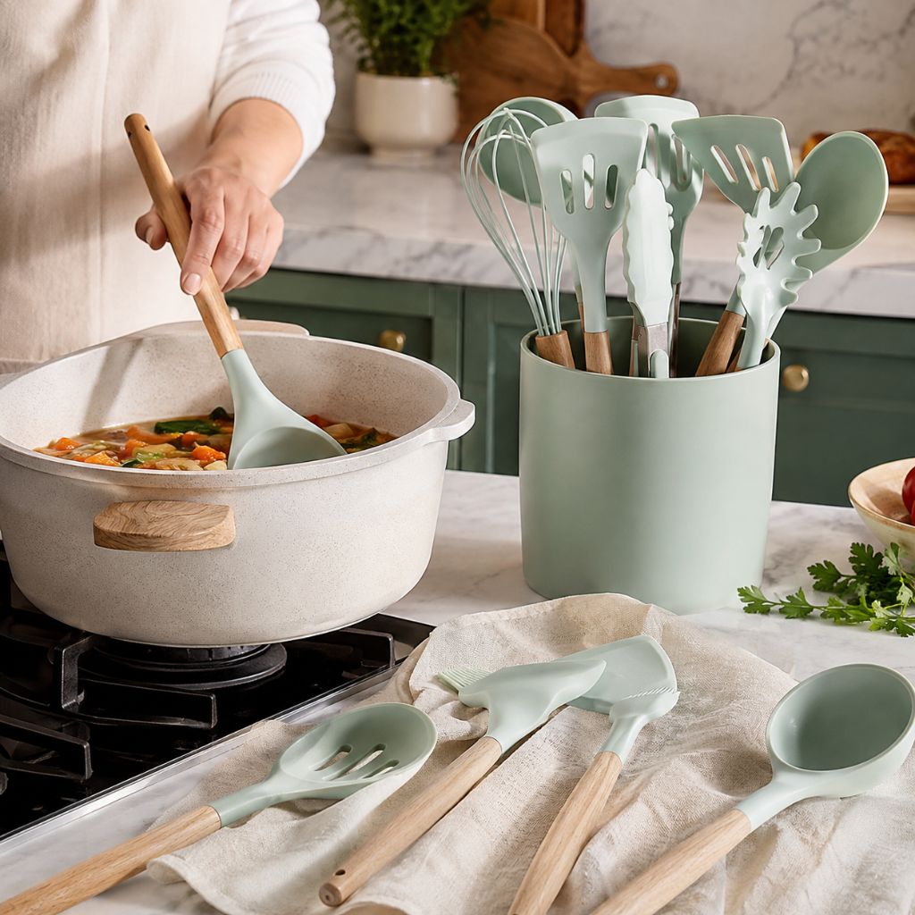 11-Piece Silicone Cooking Utensil Set with Wooden Handles