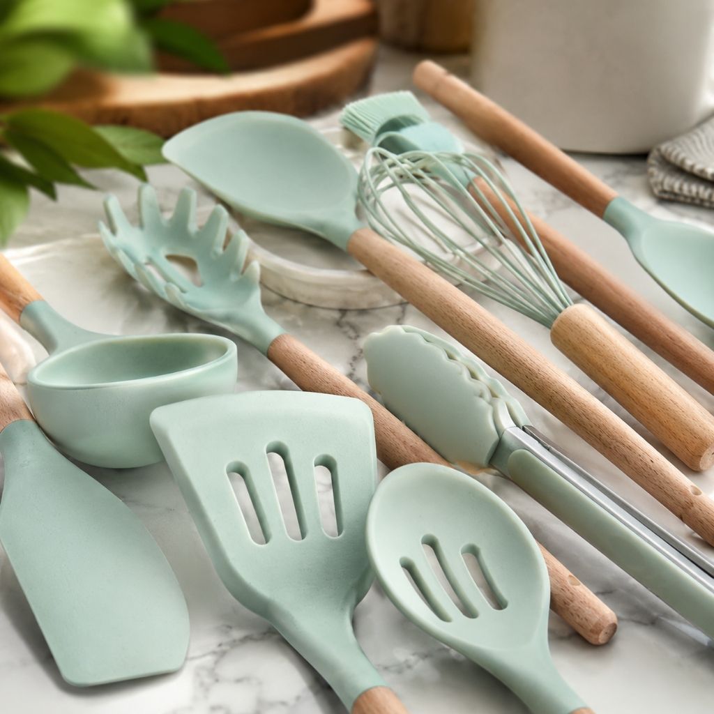 11-Piece Silicone Cooking Utensil Set with Wooden Handles