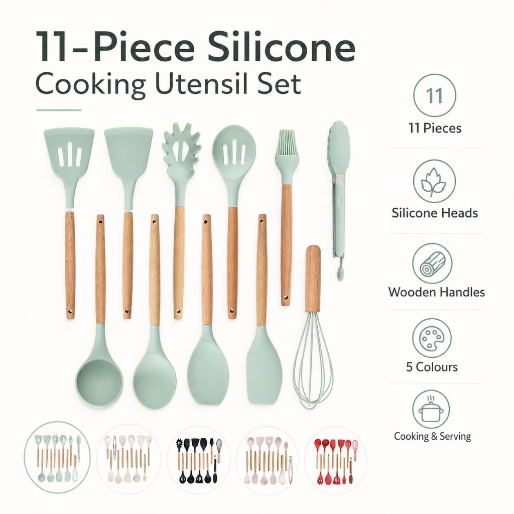 11-Piece Silicone Cooking Utensil Set with Wooden Handles