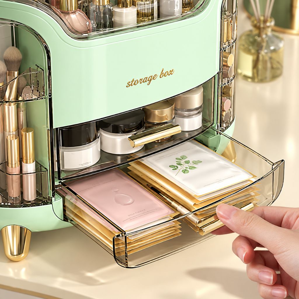 Makeup Organiser with Clear Lid and Swing-Out Side Storage
