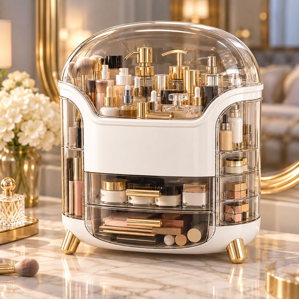 Makeup Organiser with Clear Lid and Swing-Out Side Storage