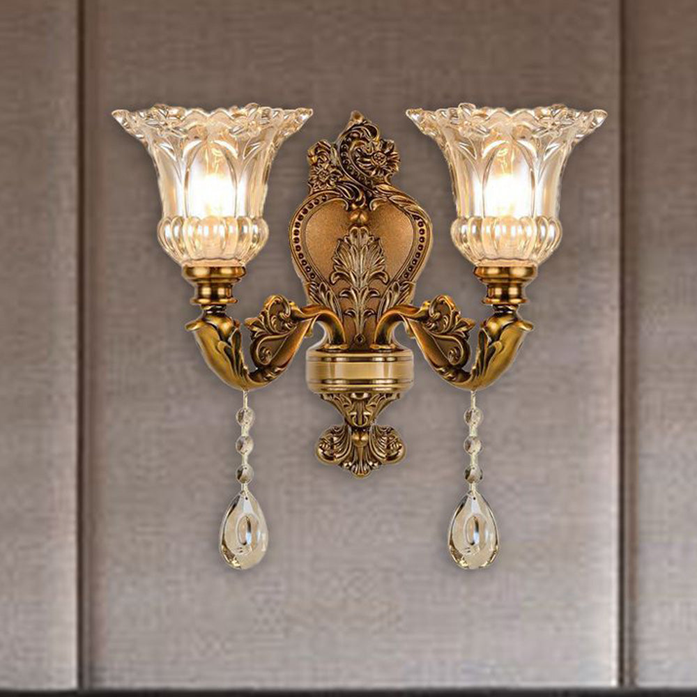 Vintage Brass Wall Sconce with Ornate Glass Shade