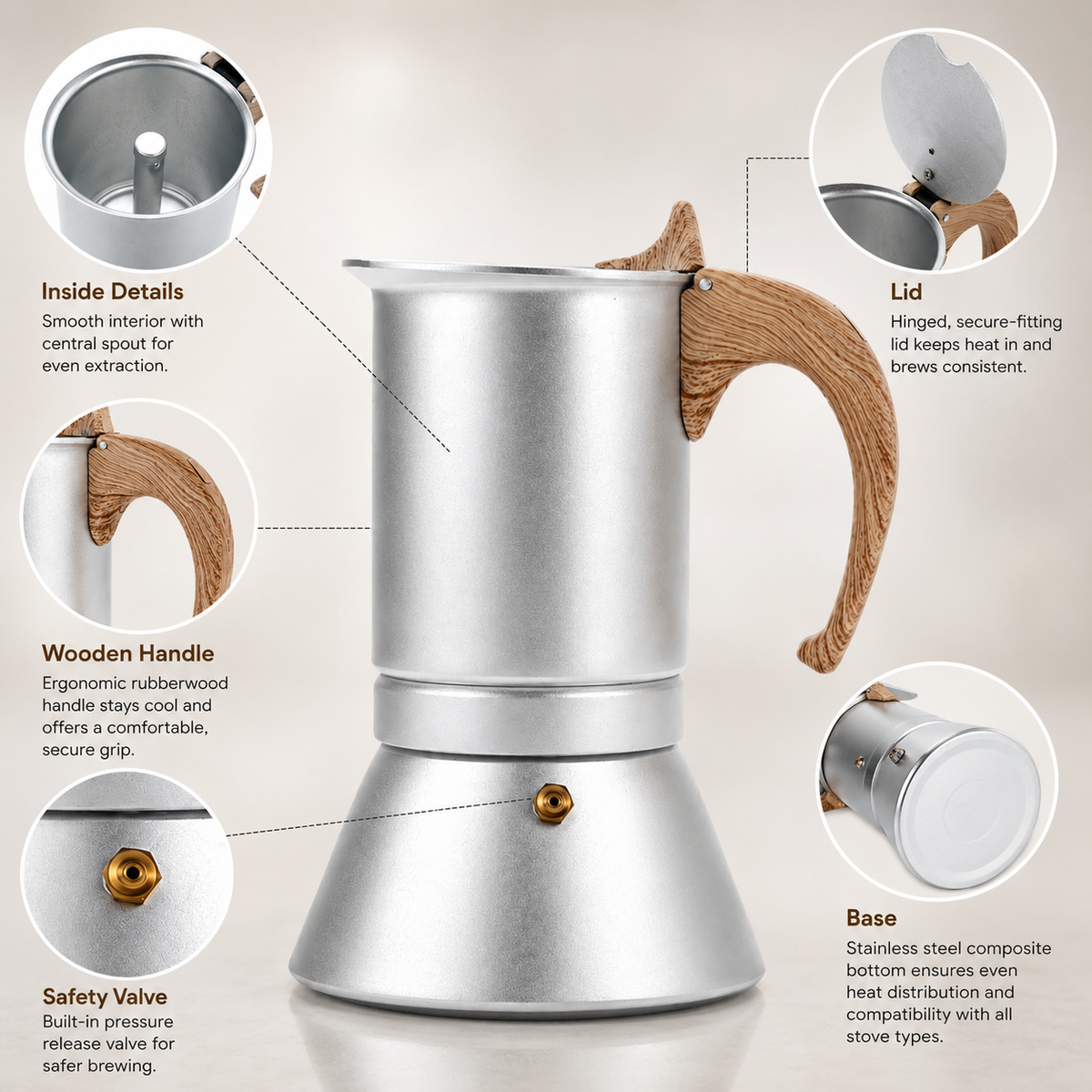 Aluminium Moka Pot Espresso Maker with Wooden Handle