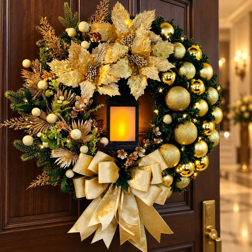 Christmas Door Wreath with Lantern, Baubles and Bow