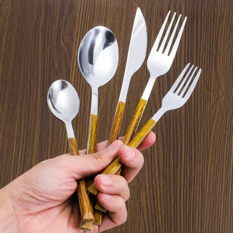 stainless steel cutlery, modern kitchenware, corrosion-resistant silverware, wood handle cutlery, dinnerware set, cutlery for six, hand wash utensils, gift idea kitchen, table setting accessories, elegant dining set