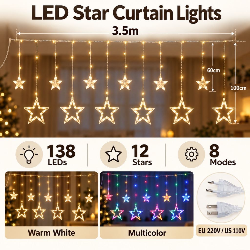 3.5m LED Star Curtain Christmas Lights with 8 Modes