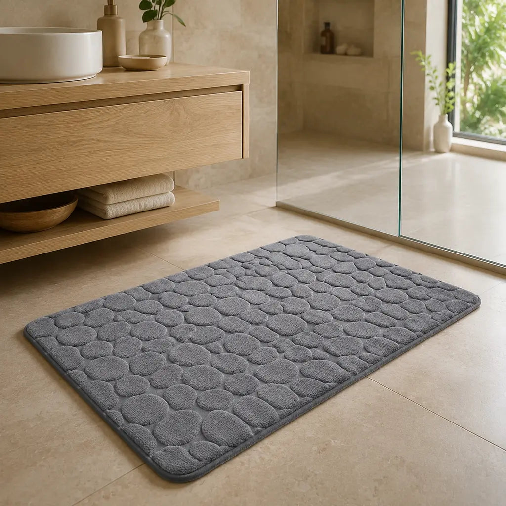 Grey 3D Non-Slip Quick-Dry Bathroom Mat in a warm Japandi bathroom