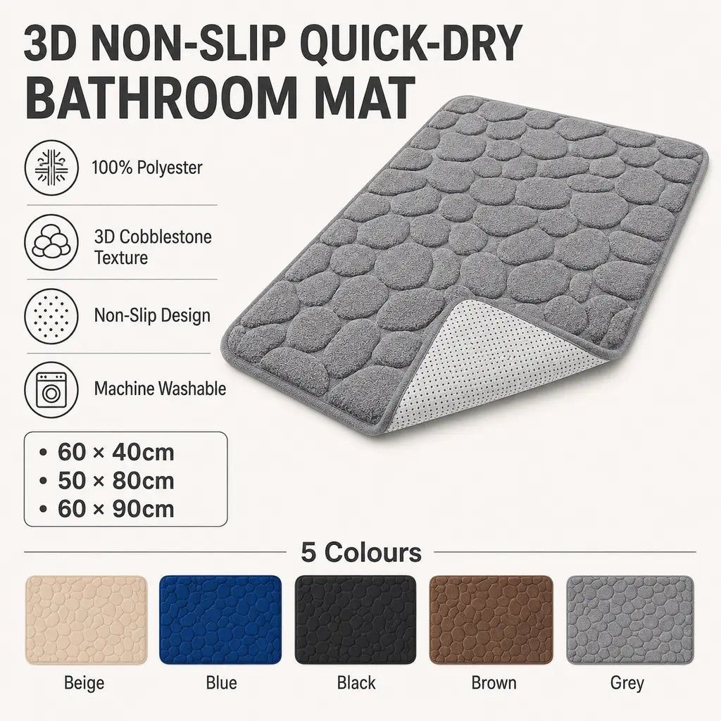 3D Non-Slip Quick-Dry Bathroom Mat specifications, sizes and colours