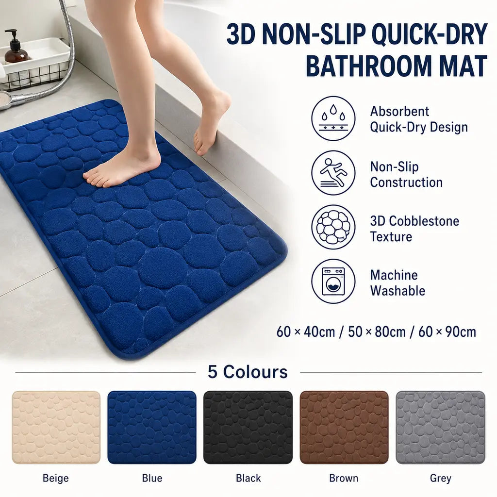 3D Non-Slip Quick-Dry Bathroom Mat benefits, sizes and colours