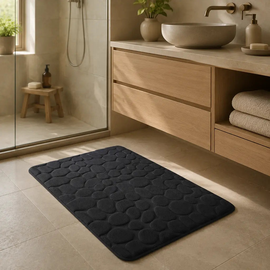 Black 3D Non-Slip Quick-Dry Bathroom Mat in a premium modern bathroom