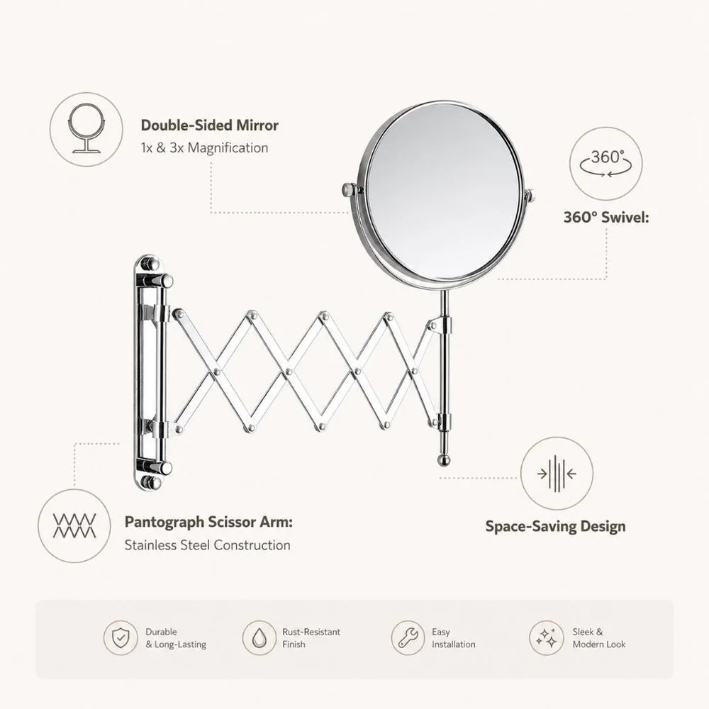 3x magnifying round wall makeup mirror double sided pantograph arm – view 11