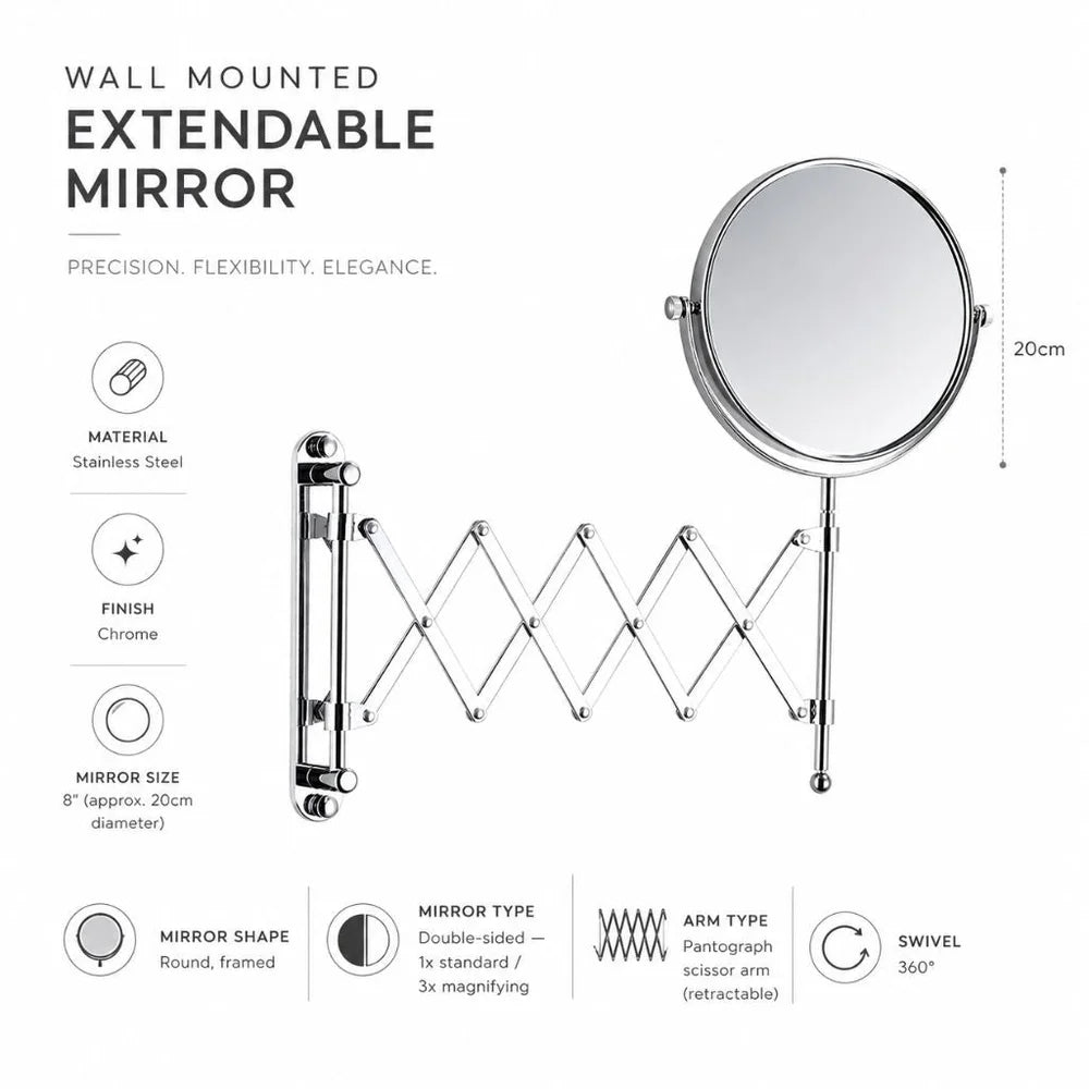 3x magnifying round wall makeup mirror double sided pantograph arm – view 12