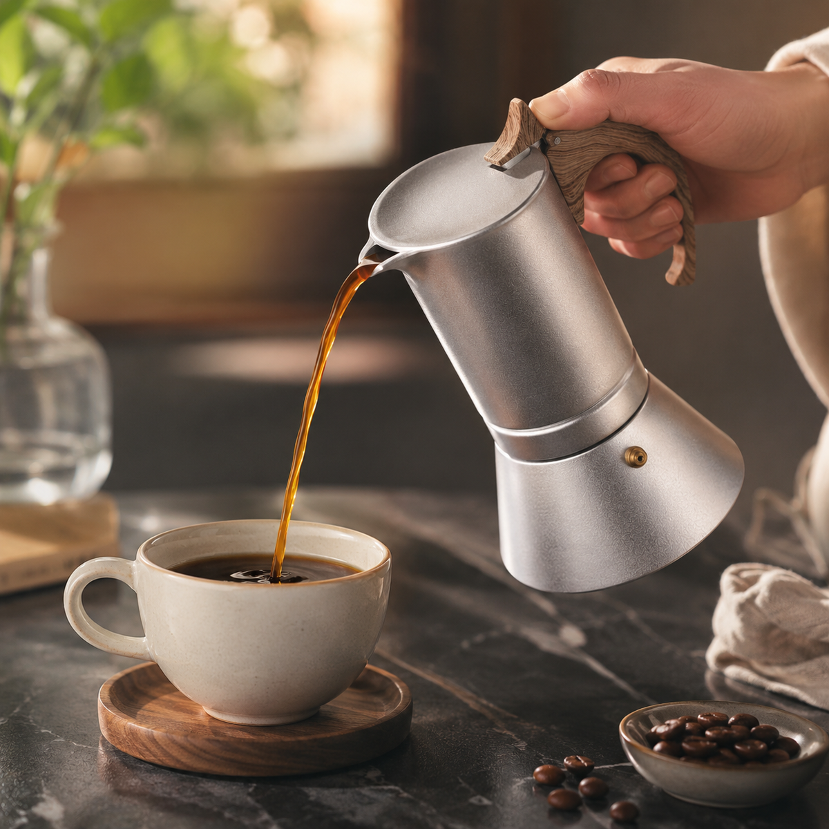Aluminium Moka Pot Espresso Maker with Wooden Handle