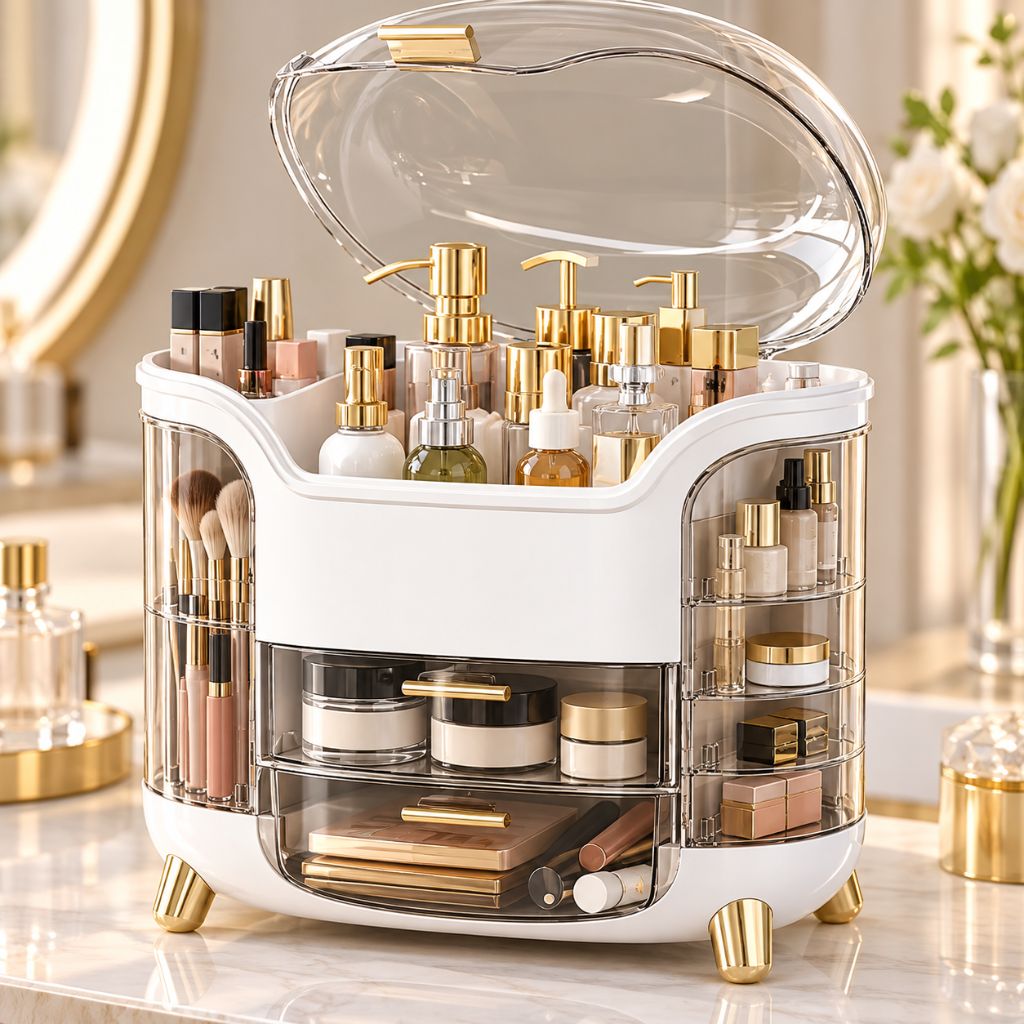 Makeup Organiser with Clear Lid and Swing-Out Side Storage