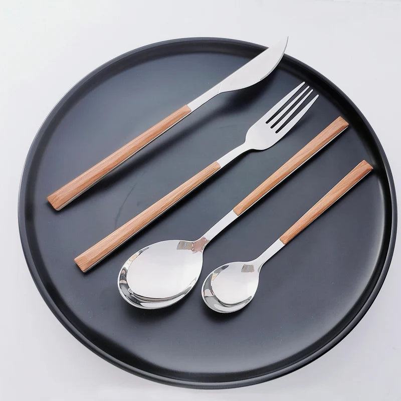 stainless steel cutlery, modern kitchenware, corrosion-resistant silverware, wood handle cutlery, dinnerware set, cutlery for six, hand wash utensils, gift idea kitchen, table setting accessories, elegant dining set