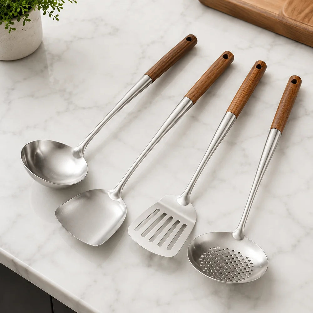 4pc set stainless steel cooking utensils with wooden handles