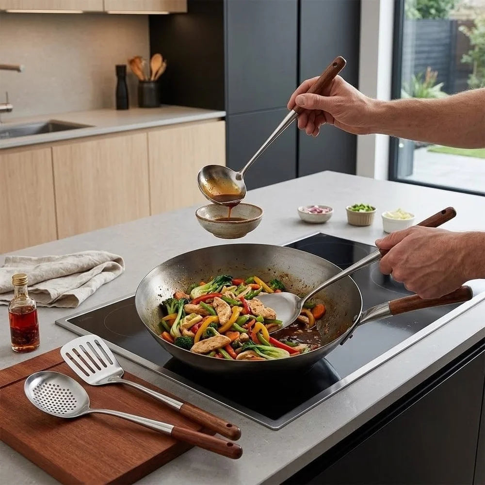 4pc set stainless steel cooking utensils with wooden handles – view 3