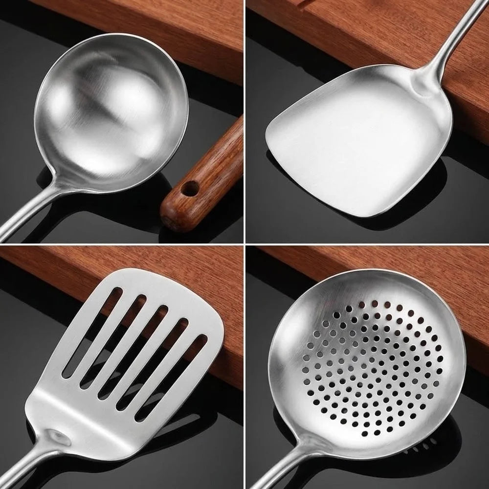 4pc set stainless steel cooking utensils with wooden handles – view 4