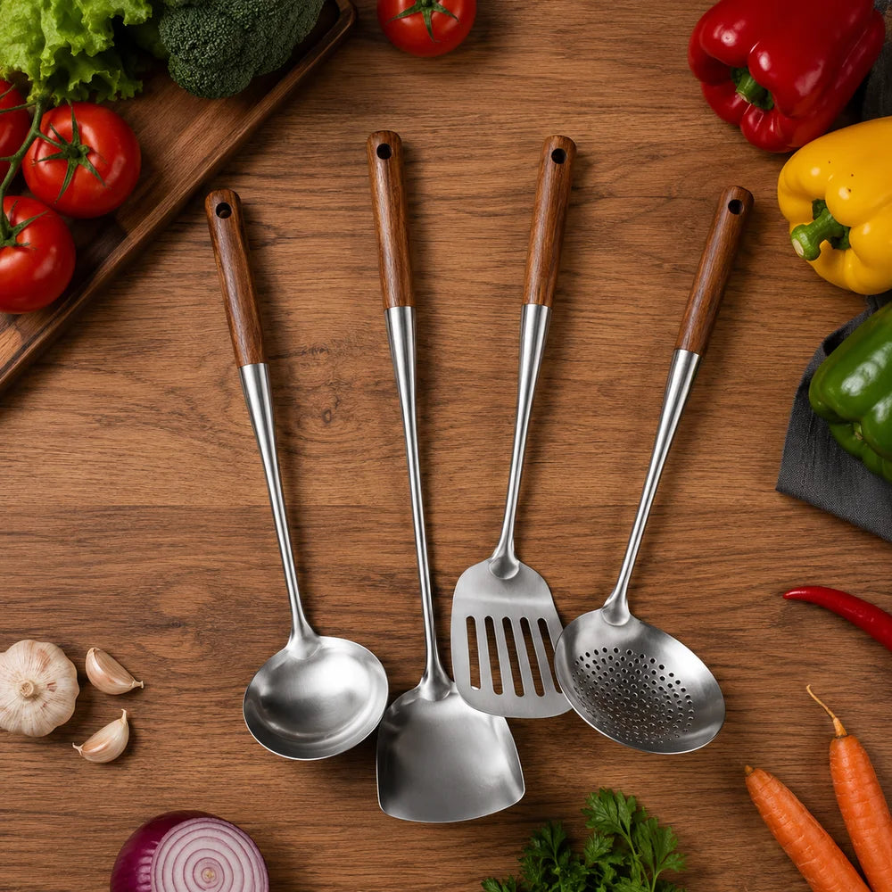 4pc set stainless steel cooking utensils with wooden handles – view 6