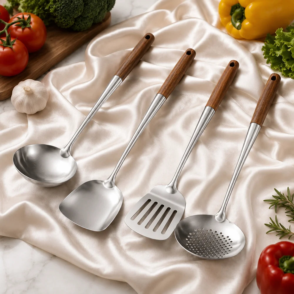 4pc set stainless steel cooking utensils with wooden handles – view 13