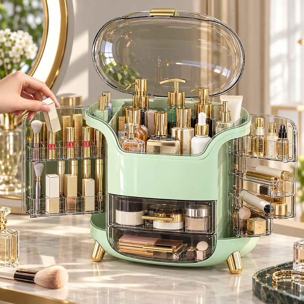 Makeup Organiser with Clear Lid and Swing-Out Side Storage