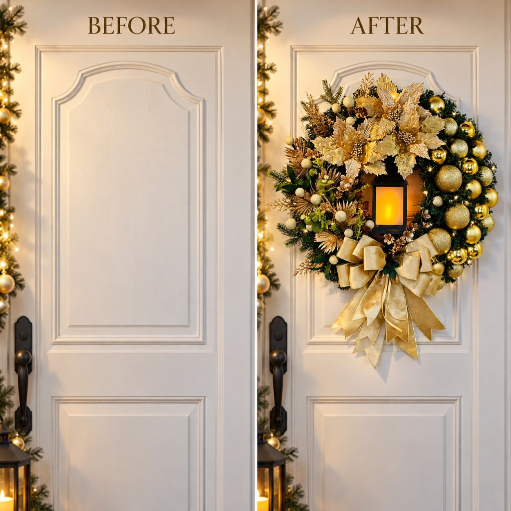 Christmas Door Wreath with Lantern, Baubles and Bow
