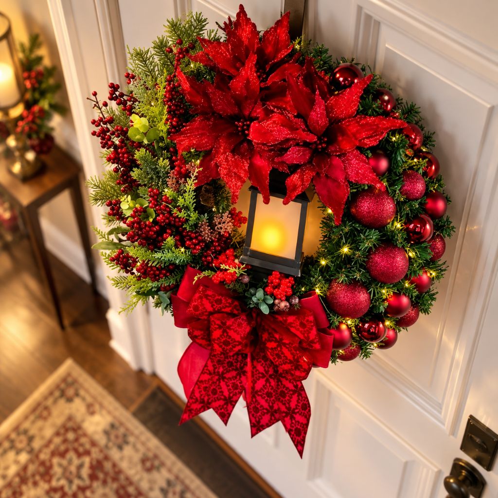 Christmas Door Wreath with Lantern, Baubles and Bow