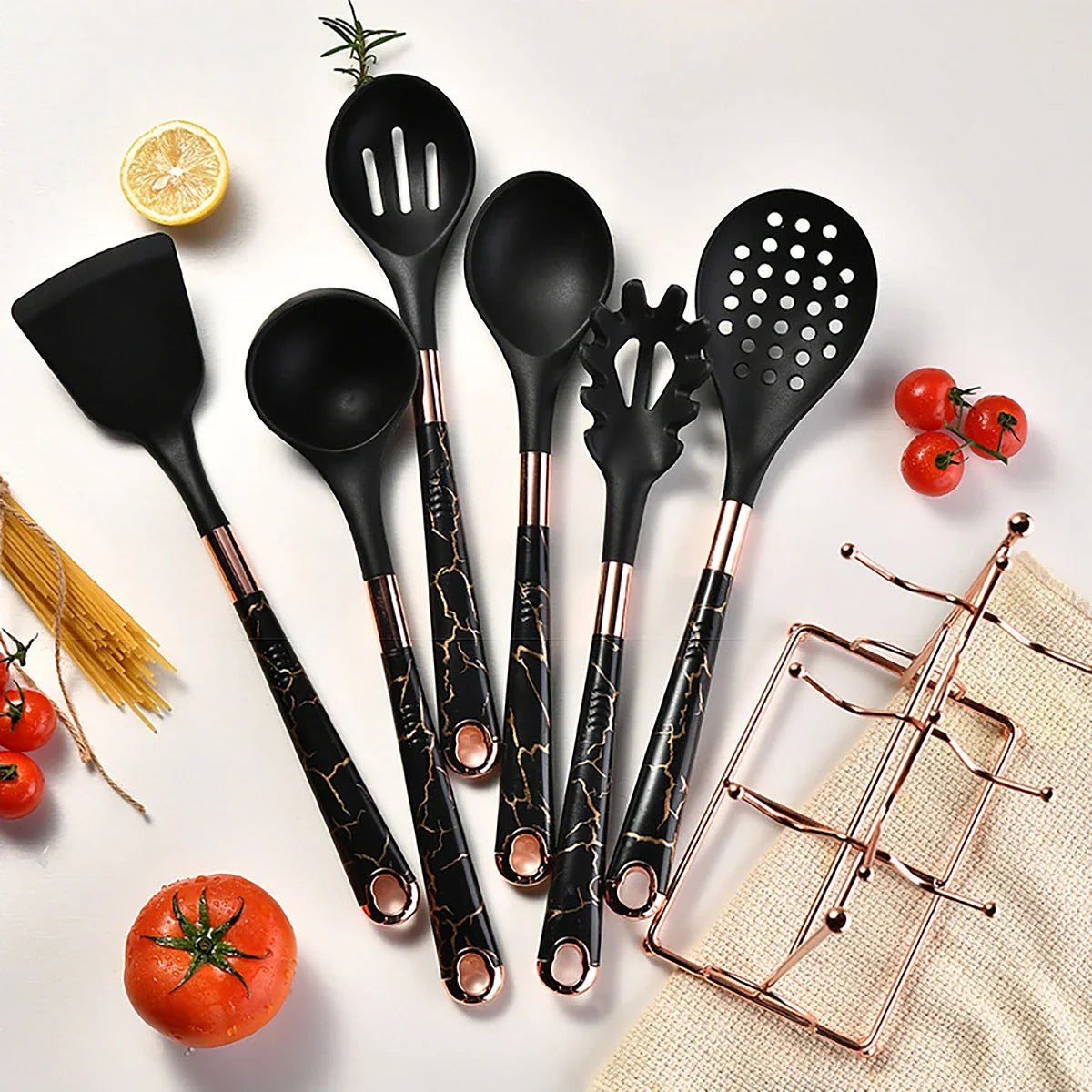 7 - Piece Rose Gold Kitchen Utensil Set with Stand Lattea - Lattea Global