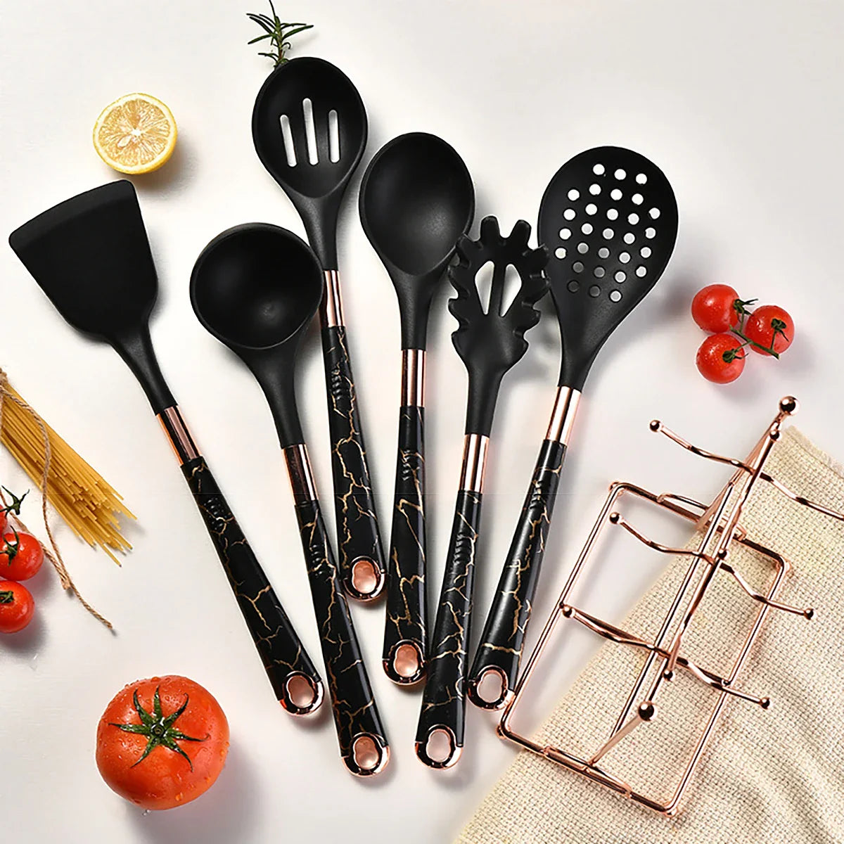 7-Piece Rose Gold Kitchen Utensil Set with Stand Lattea