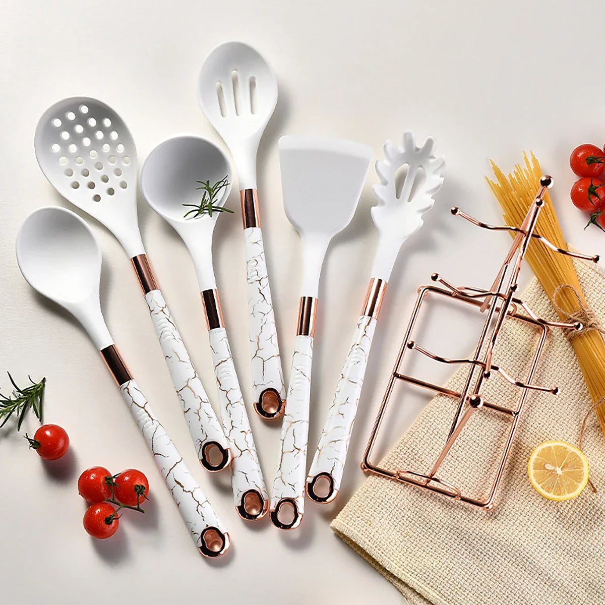 7-Piece Rose Gold Kitchen Utensil Set with Stand Lattea