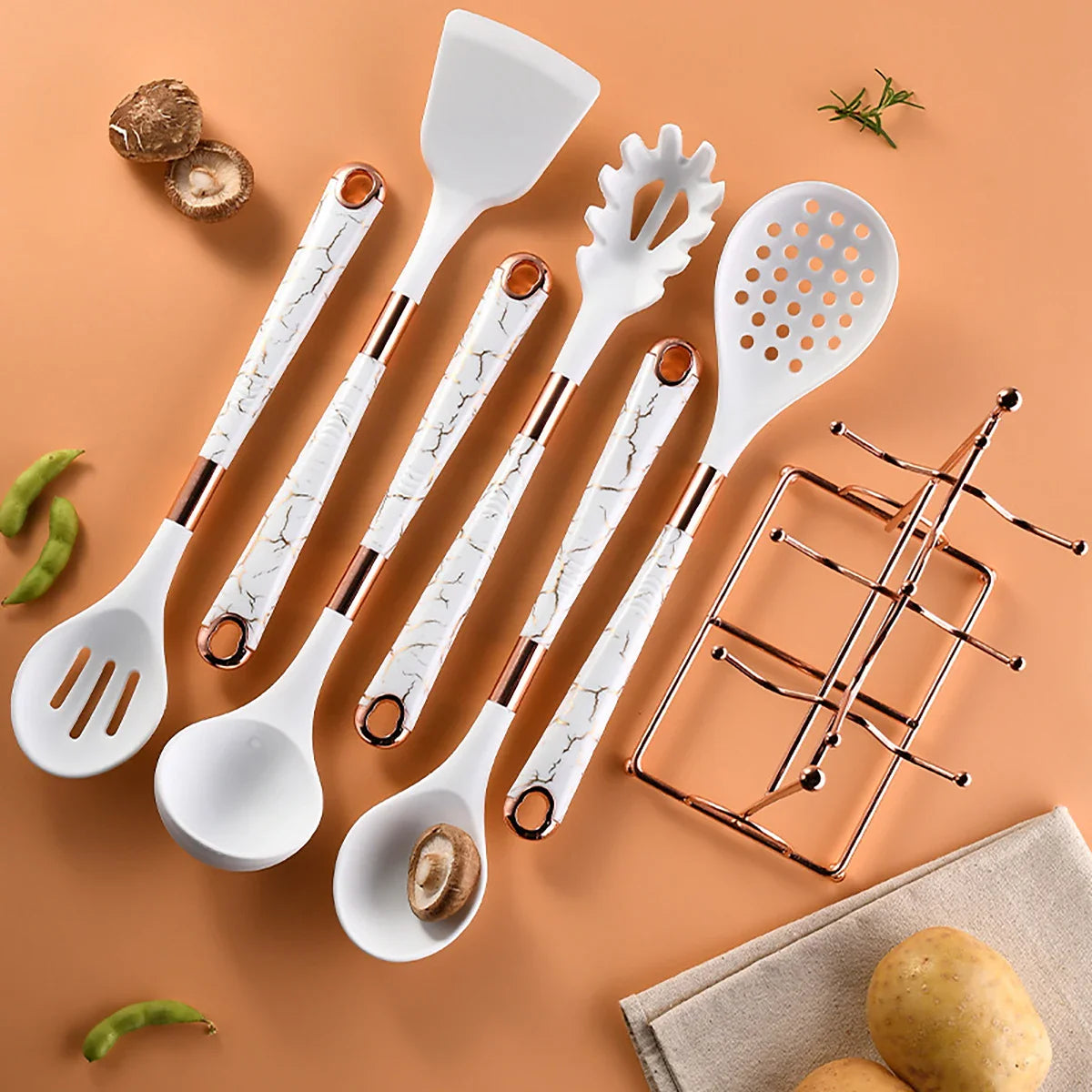 7-Piece Rose Gold Kitchen Utensil Set with Stand Lattea