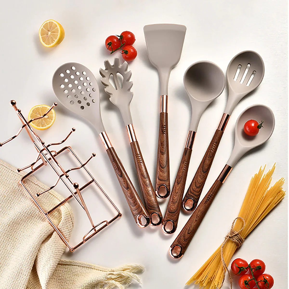 7-Piece Rose Gold Kitchen Utensil Set with Stand Lattea