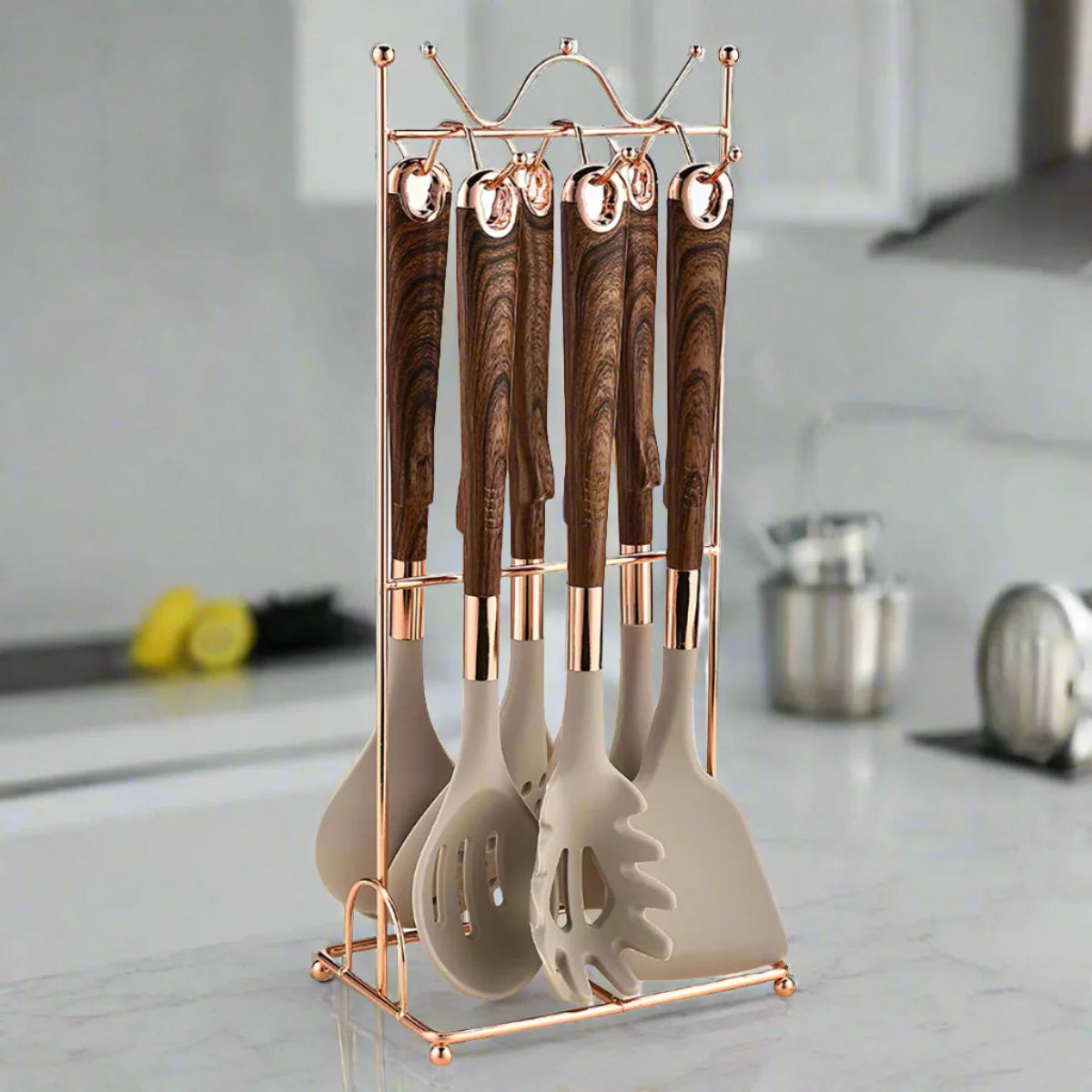 7-Piece Rose Gold Kitchen Utensil Set with Stand Lattea