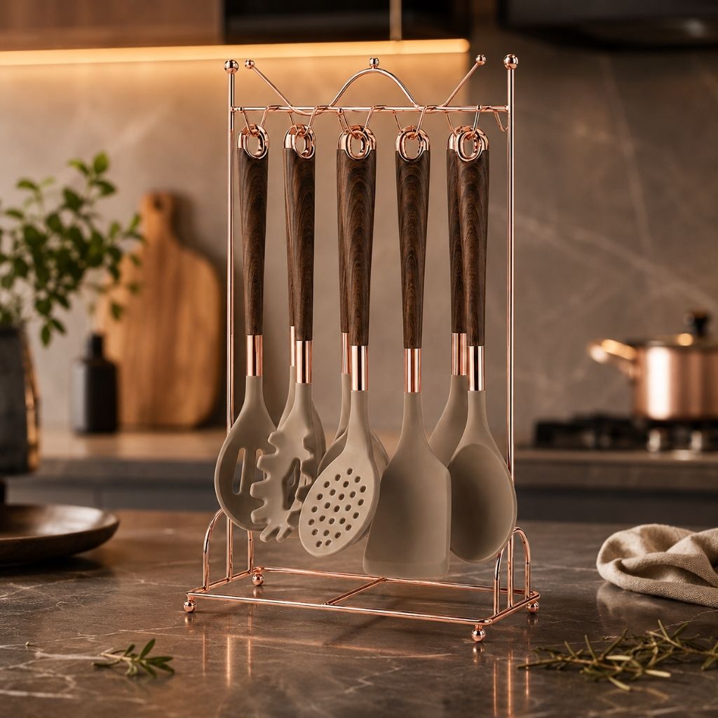 7-Piece Rose Gold Kitchen Utensil Set with Stand