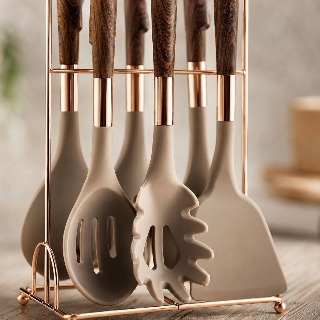 7-Piece Rose Gold Kitchen Utensil Set with Stand