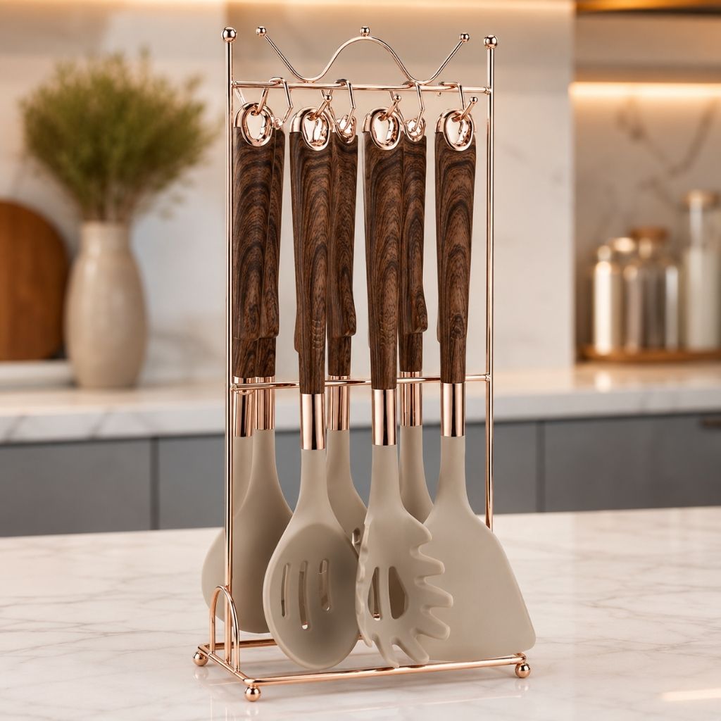 7-Piece Rose Gold Kitchen Utensil Set with Stand